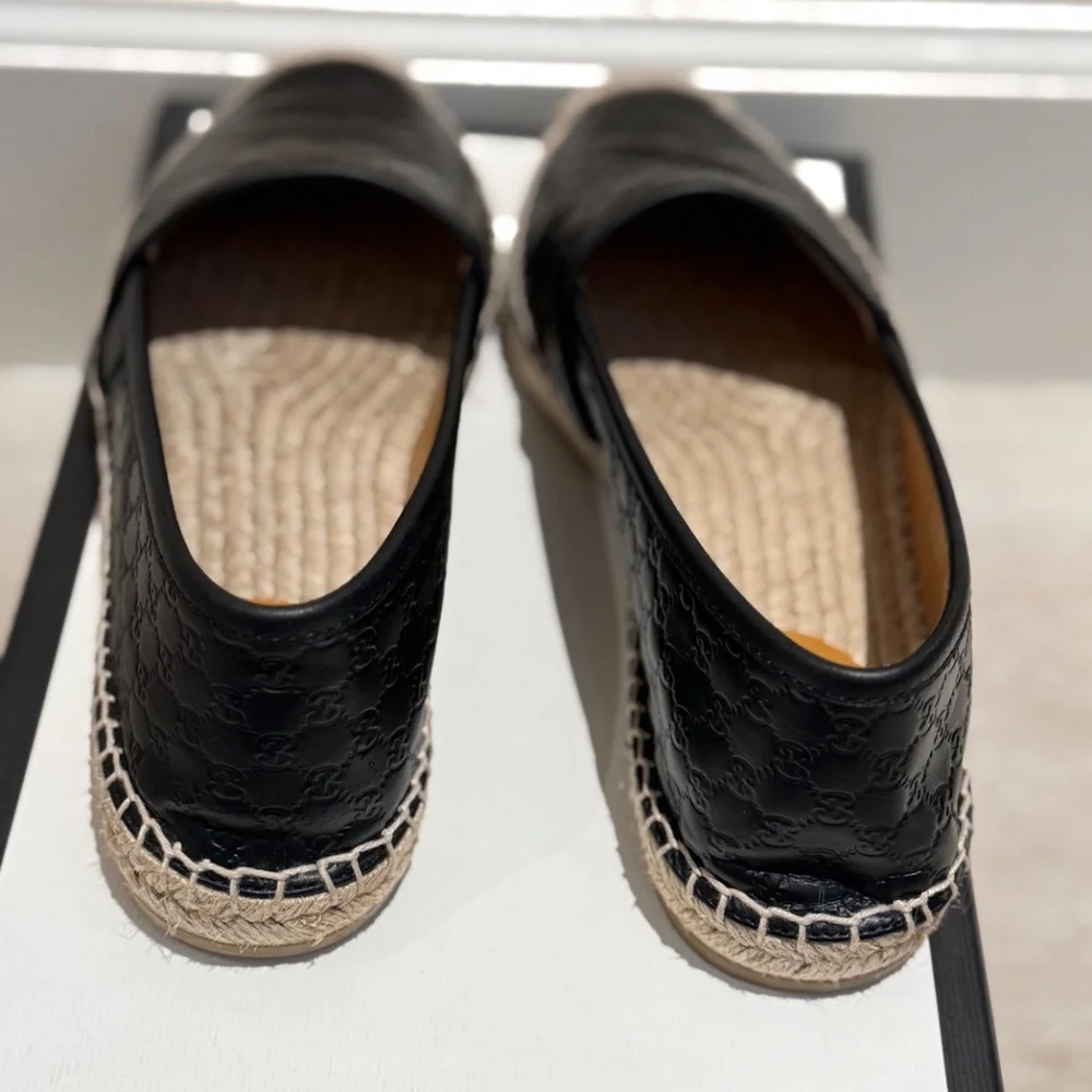 Gucci Black Embossed Leather Espadrilles with Natural Rope Edge